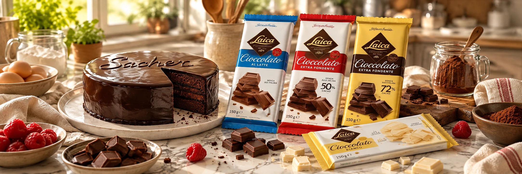 Tavolette Laica al latte, extra fondente, 72% e bianco con torta Sacher